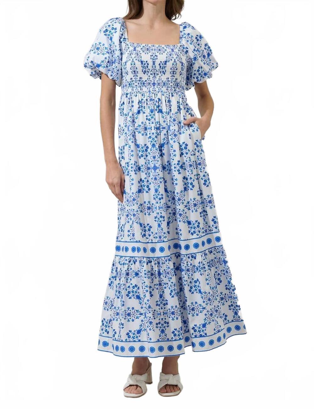 NEW SUGARLIPS veral floral berky smocked maxi dress in white/blue